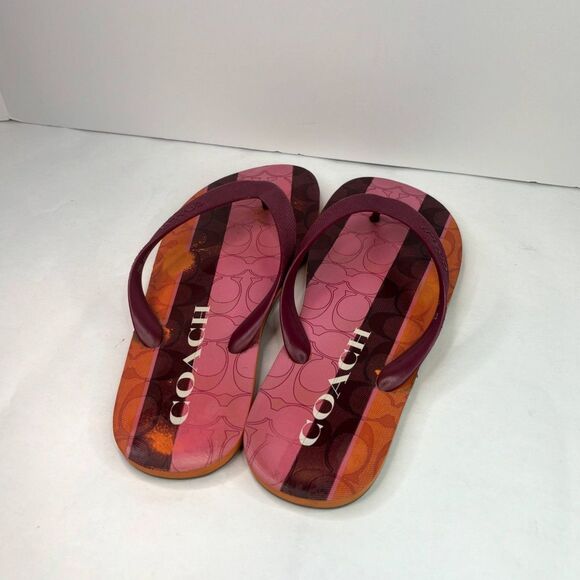 Coach Zack Multicolor Monogram Flip Flop Sandals Womens Comfy Pink Orange Stripe - Picture 7 of 10